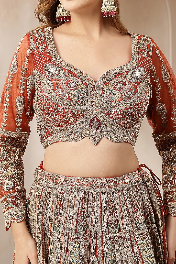 Rust-Orange Blended Silk Sequin Embroidered Wedding Lehenga Set by Soniya G at Pernia's Pop Up Shop
