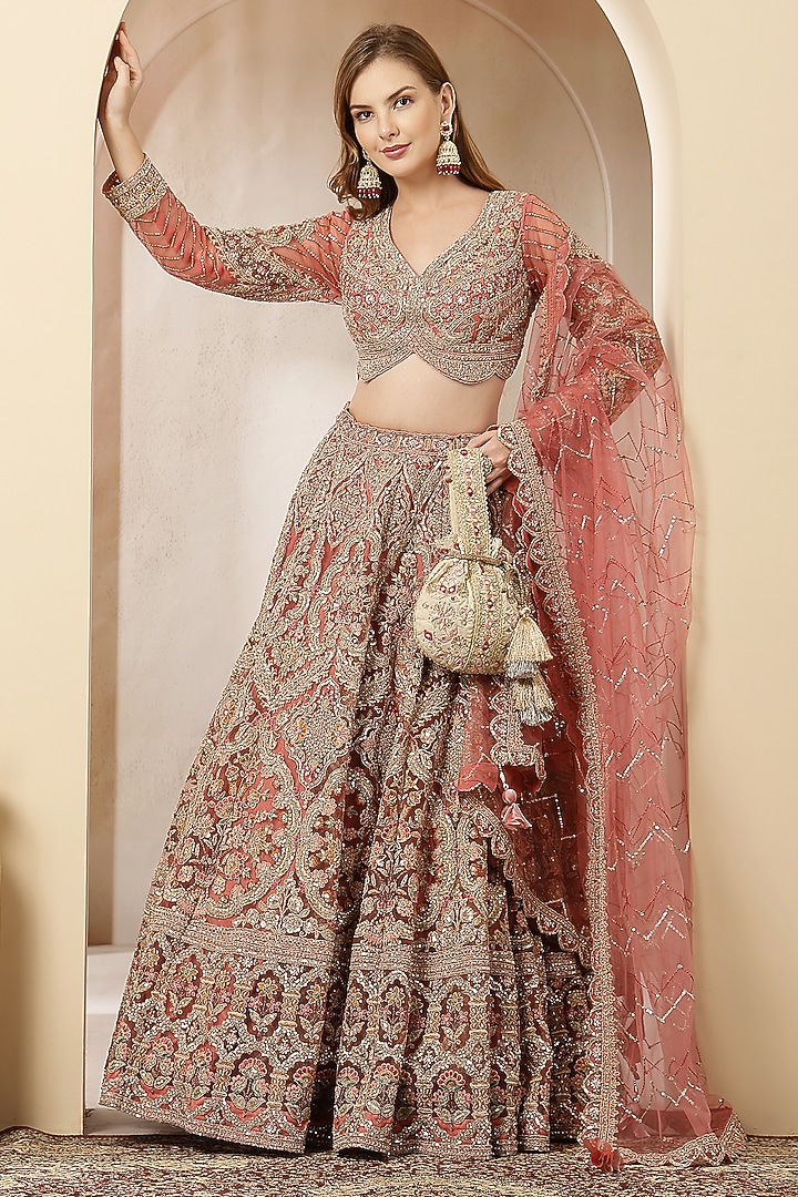 Rose Gold Blended Silk Sequin Embroidered Wedding Lehenga Set by Soniya G at Pernia's Pop Up Shop