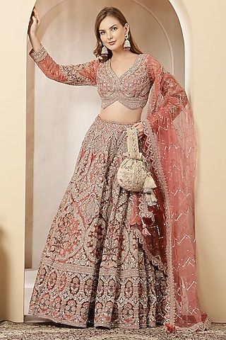 Rose Gold Blended Silk Sequin Embroidered Lehenga Set by Soniya G
