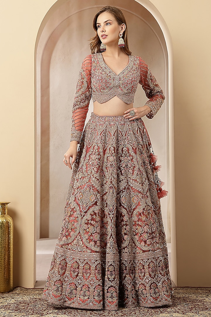 Rose Gold Blended Silk Sequin Embroidered Wedding Lehenga Set by Soniya G at Pernia's Pop Up Shop