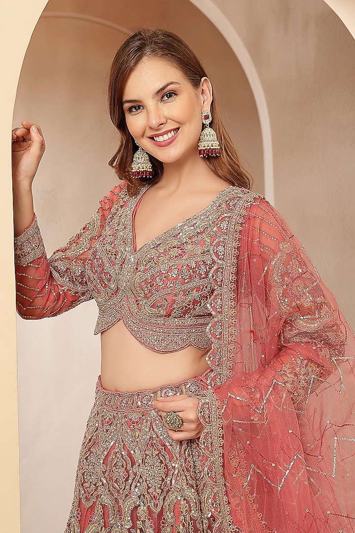Rose Gold Blended Silk Sequin Embroidered Wedding Lehenga Set by Soniya G at Pernia's Pop Up Shop