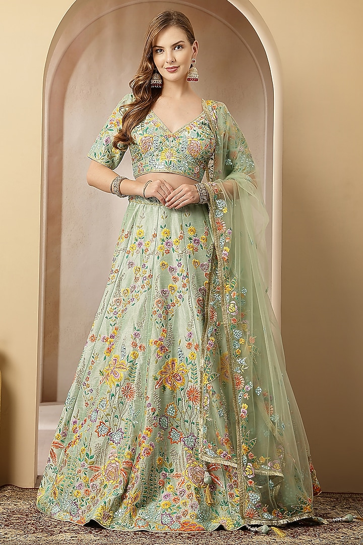 Multi-Colored Blended Silk Sequin Embroidered Wedding Lehenga Set by Soniya G at Pernia's Pop Up Shop