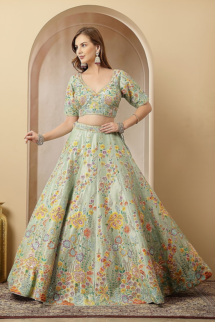 Multi-Colored Blended Silk Sequin Embroidered Wedding Lehenga Set by Soniya G at Pernia's Pop Up Shop