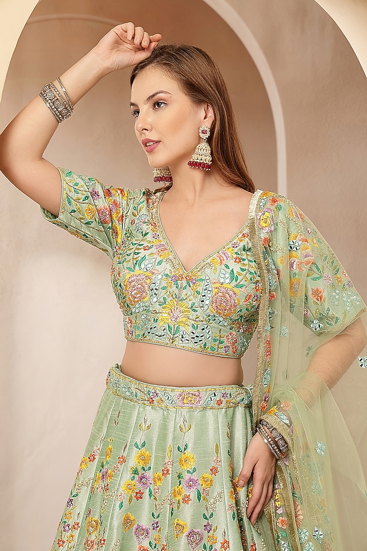 Multi-Colored Blended Silk Sequin Embroidered Wedding Lehenga Set by Soniya G at Pernia's Pop Up Shop