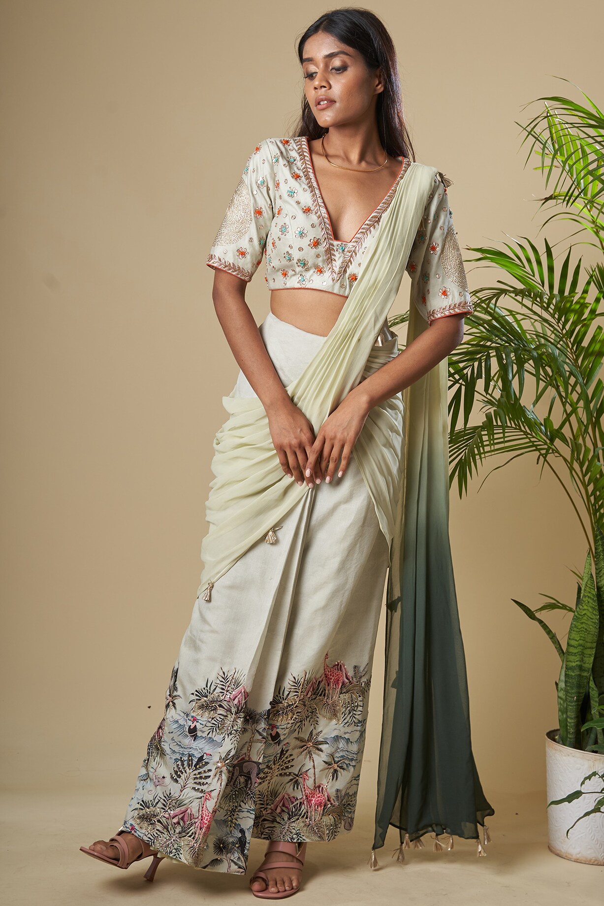 Green Embroidered Draped Sari Set