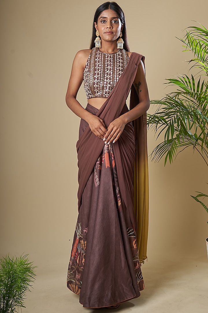 Tan Cotton Silk Pre-Draped Saree Set by Soniya G