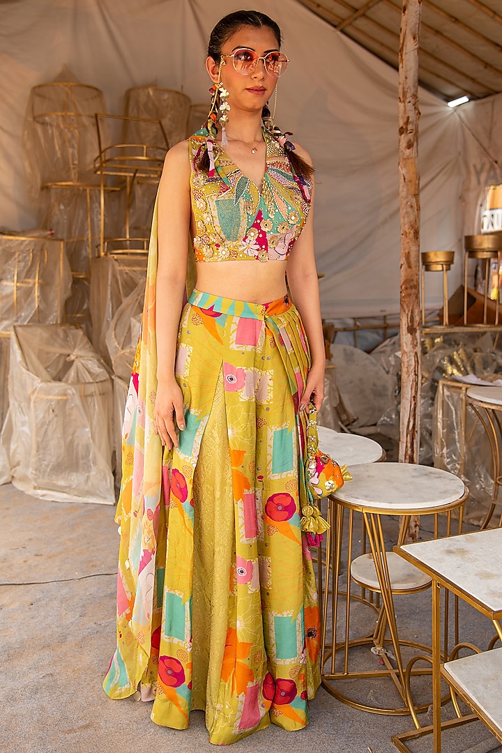 Yellow Cotton Silk Hand Embroidered Draped Pant Set by Soniya G at Pernia's Pop Up Shop