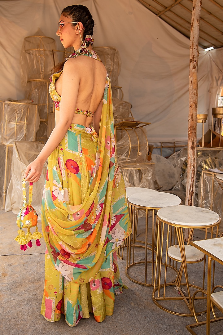 Yellow Cotton Silk Hand Embroidered Draped Pant Set by Soniya G at Pernia's Pop Up Shop