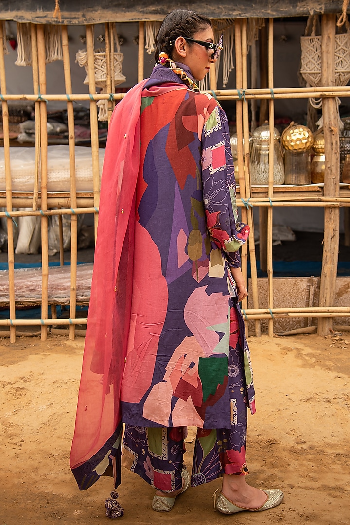 Purple Silk Blend Floral Printed & Hand Embroidered Kurta Set by Soniya G at Pernia's Pop Up Shop