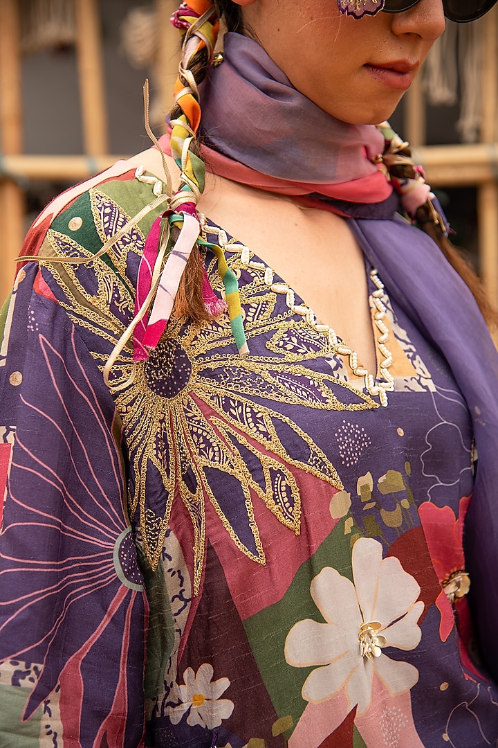 Purple Silk Blend Floral Printed & Hand Embroidered Kurta Set by Soniya G at Pernia's Pop Up Shop