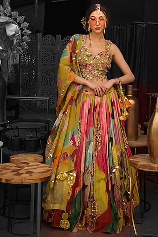 Yellow Silk Blend Foil Printed & Hand Embroidered Lehenga Set by Soniya G
