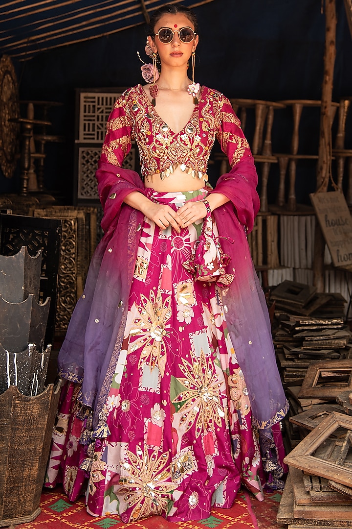 Magenta Silk Blend Floral Printed & Metal Embellished Wedding Lehenga Set by Soniya G at Pernia's Pop Up Shop