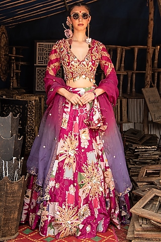Magenta Silk Blend Floral Printed & Metal Embellished Lehenga Set by Soniya G