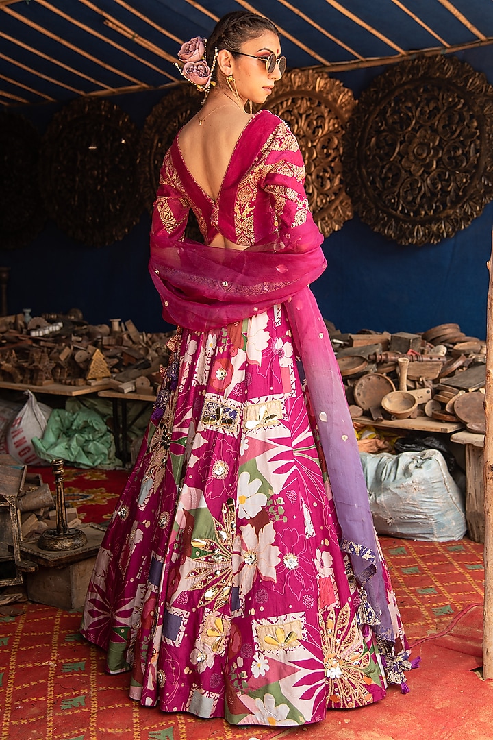Magenta Silk Blend Floral Printed & Metal Embellished Wedding Lehenga Set by Soniya G at Pernia's Pop Up Shop