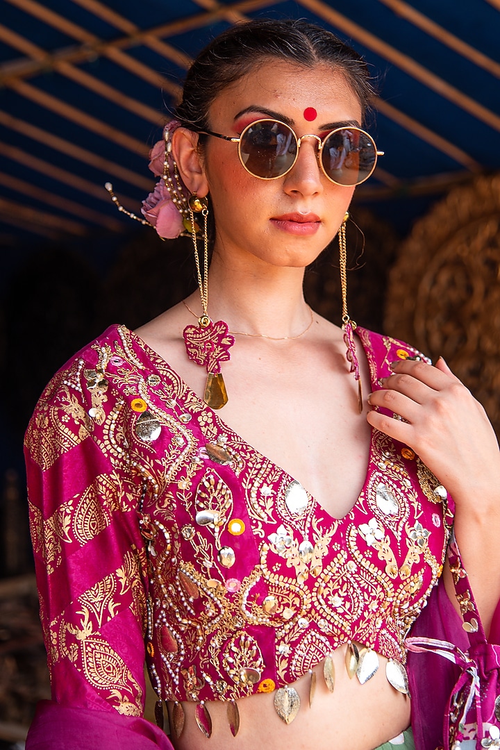 Magenta Silk Blend Floral Printed & Metal Embellished Wedding Lehenga Set by Soniya G at Pernia's Pop Up Shop