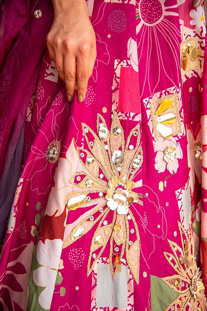 Magenta Silk Blend Floral Printed & Metal Embellished Wedding Lehenga Set by Soniya G at Pernia's Pop Up Shop