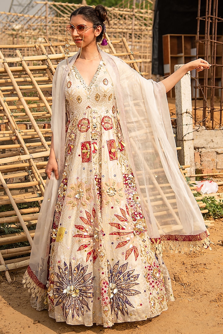 Ivory Silk Blend Floral Printed & Metal Embellished Anarkali Set by Soniya G at Pernia's Pop Up Shop