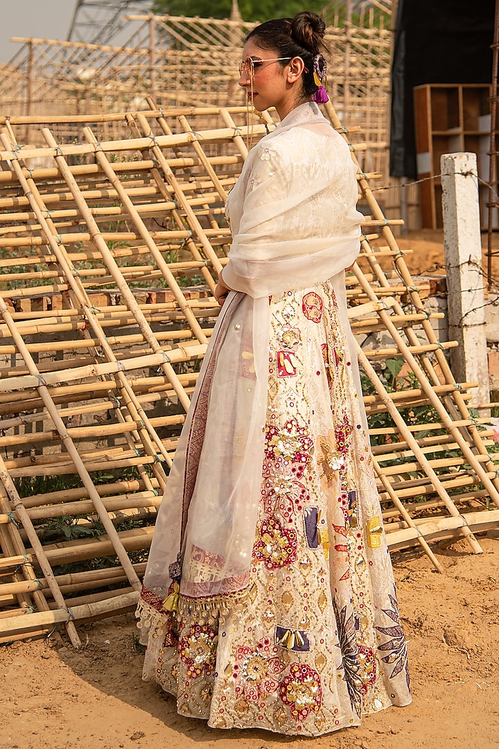 Ivory Silk Blend Floral Printed & Metal Embellished Wedding Anarkali Set by Soniya G at Pernia's Pop Up Shop