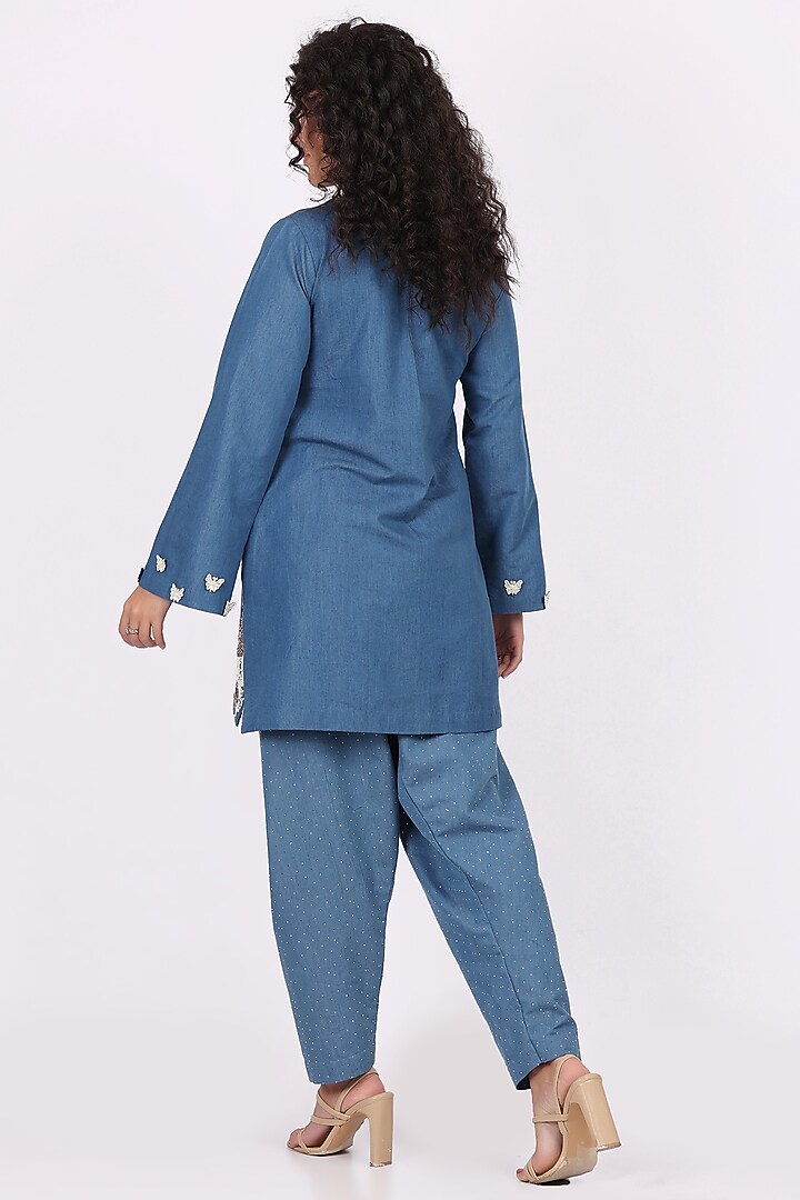 Blue Denim Thread Embroidered Kurta Set by Soniya G at Pernia's Pop Up Shop