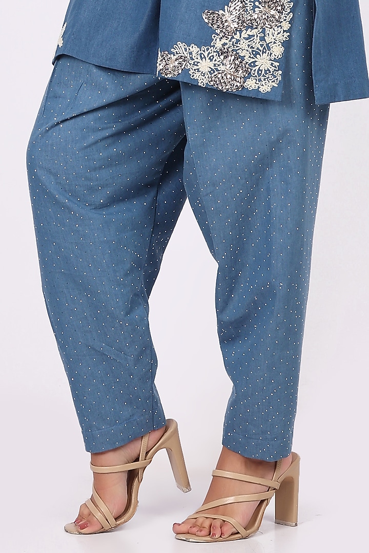 Blue Denim Thread Embroidered Kurta Set by Soniya G at Pernia's Pop Up Shop