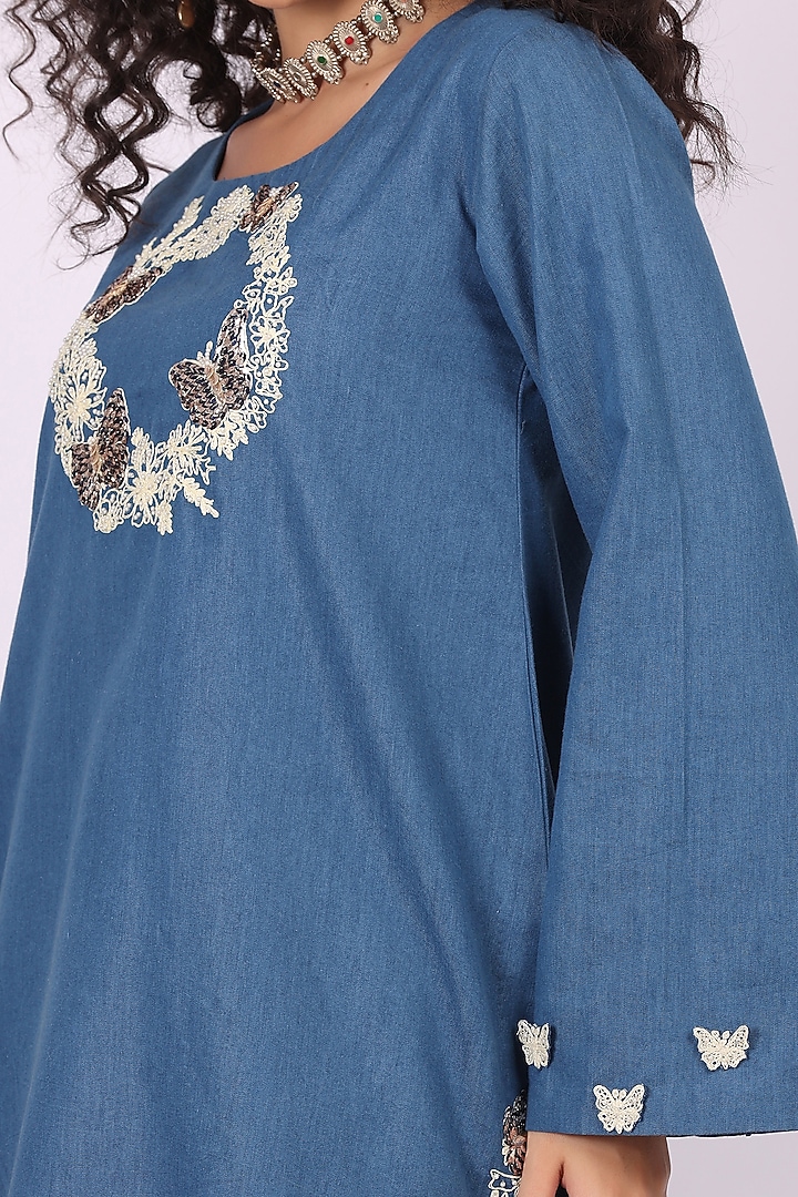 Blue Denim Thread Embroidered Kurta Set by Soniya G at Pernia's Pop Up Shop