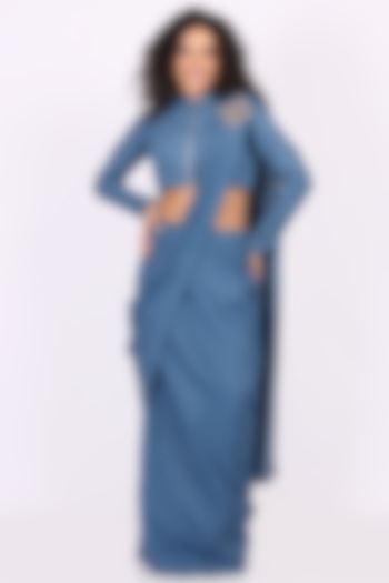 Blue Denim Draped Party Wear Saree Set by Soniya G at Pernia's Pop Up Shop
