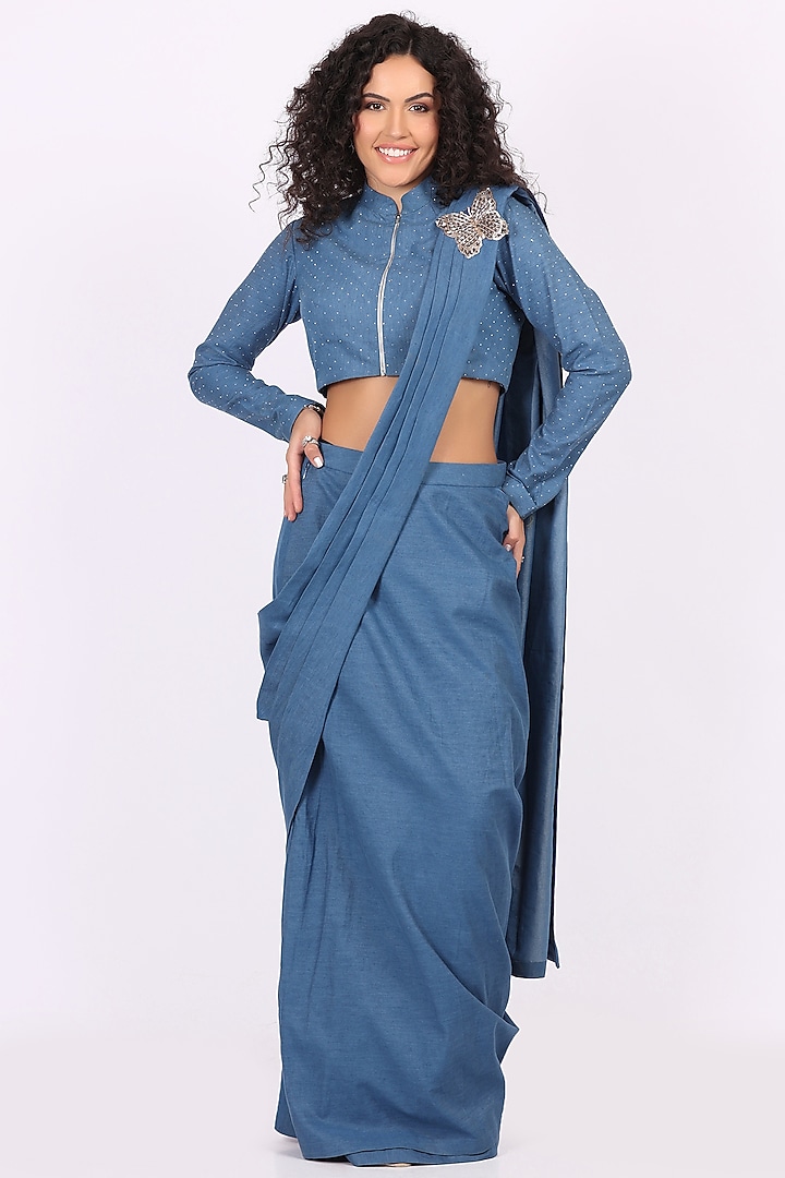 Blue Denim Draped Party Wear Saree Set by Soniya G at Pernia's Pop Up Shop