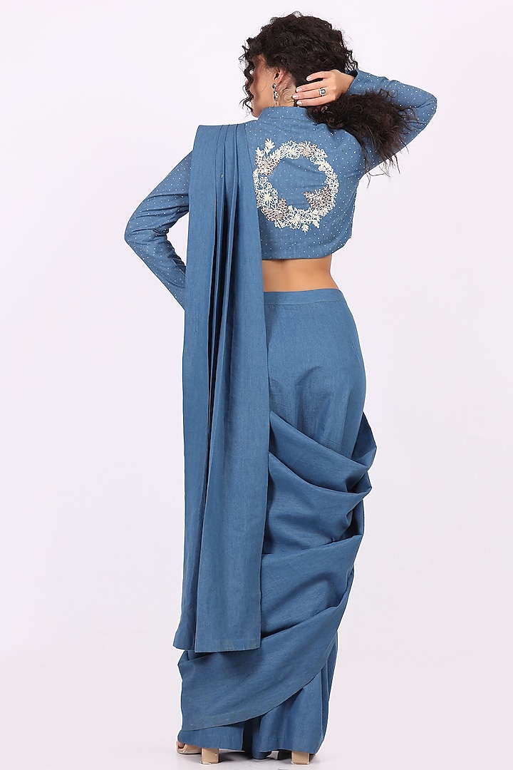 Blue Denim Draped Party Wear Saree Set by Soniya G at Pernia's Pop Up Shop