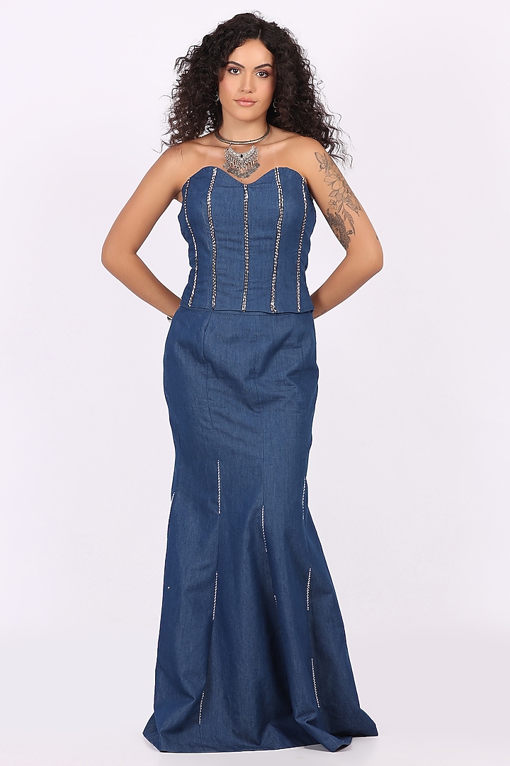 Blue Denim Fish-Cut Skirt Set by Soniya G at Pernia's Pop Up Shop