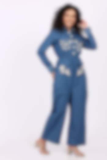 Blue Denim Bead Embellished Jumpsuit by Soniya G at Pernia's Pop Up Shop
