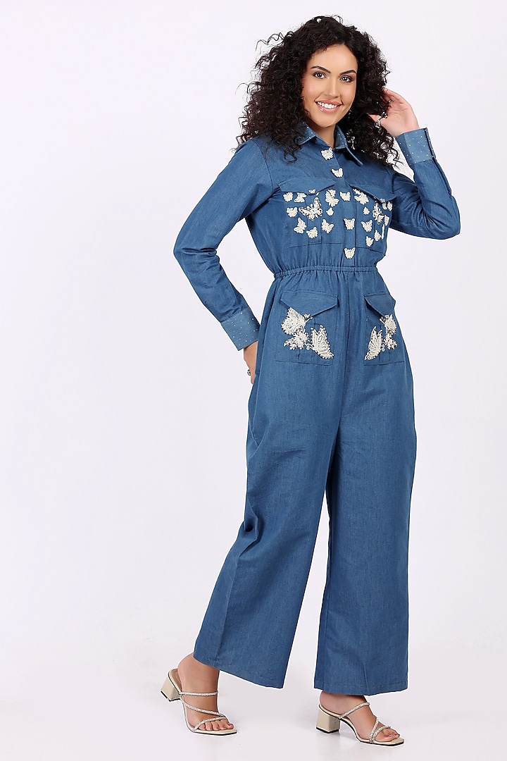 Blue Denim Bead Embellished Jumpsuit by Soniya G at Pernia's Pop Up Shop