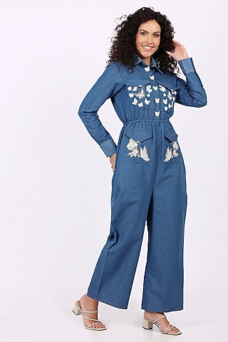 Blue Denim Bead Embellished Jumpsuit by Soniya G