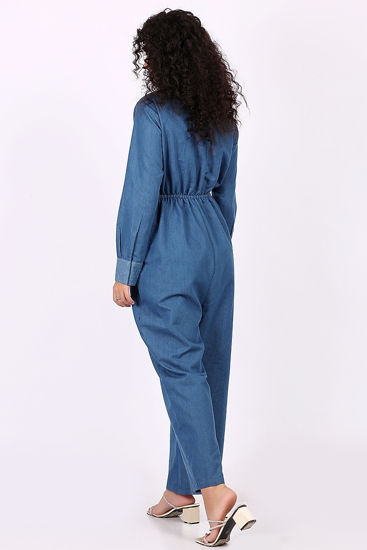 Blue Denim Bead Embellished Jumpsuit by Soniya G at Pernia's Pop Up Shop