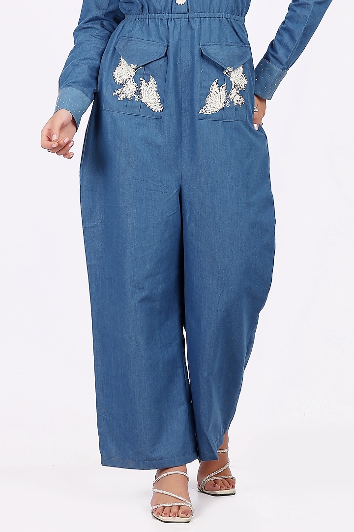 Blue Denim Bead Embellished Jumpsuit by Soniya G at Pernia's Pop Up Shop