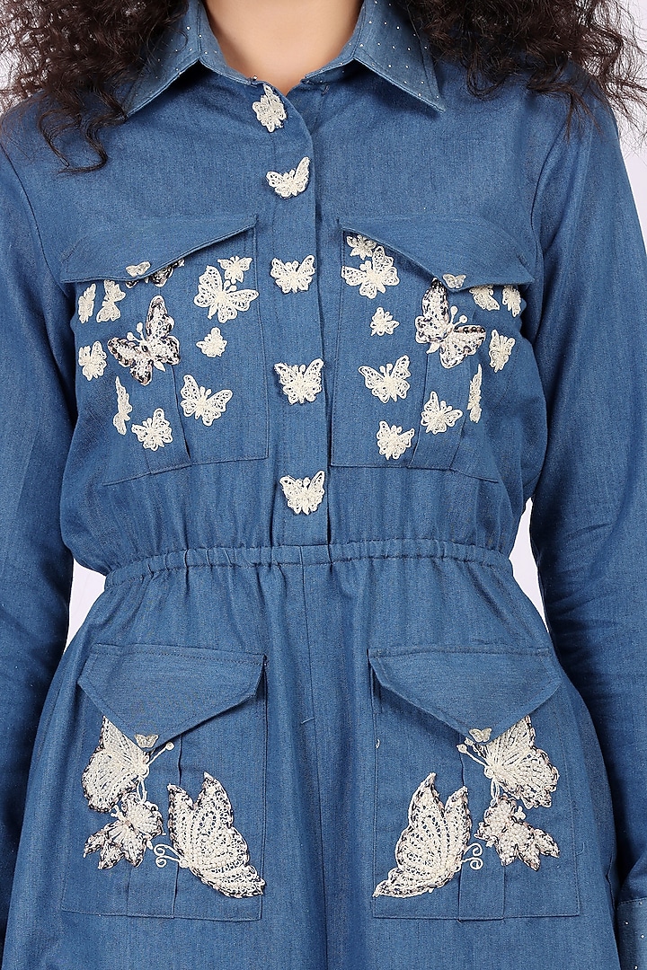 Blue Denim Bead Embellished Jumpsuit by Soniya G at Pernia's Pop Up Shop