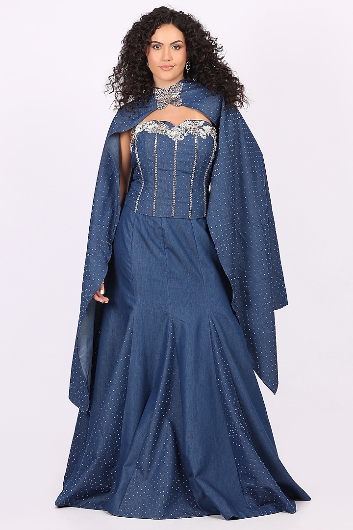 Blue Denim Fish-Cut Skirt Set by Soniya G at Pernia's Pop Up Shop