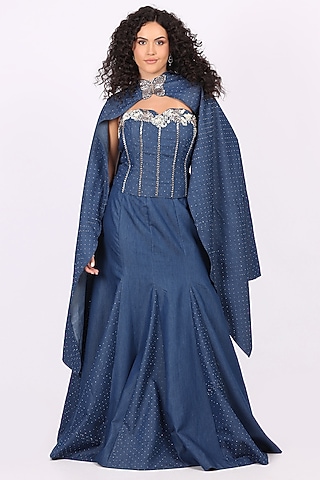 Blue Denim Fish-Cut Skirt Set by Soniya G