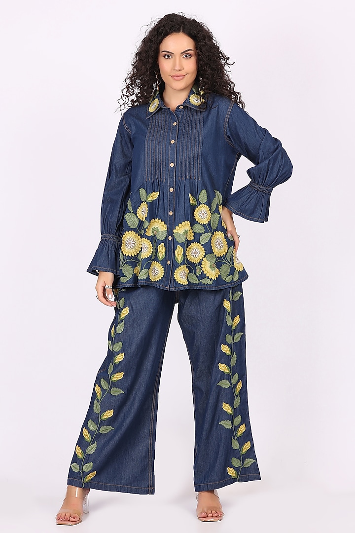 Blue Denim Floral Embroidered Co-Ord Set by Soniya G at Pernia's Pop Up Shop