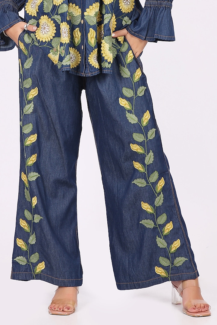 Blue Denim Floral Embroidered Co-Ord Set by Soniya G at Pernia's Pop Up Shop