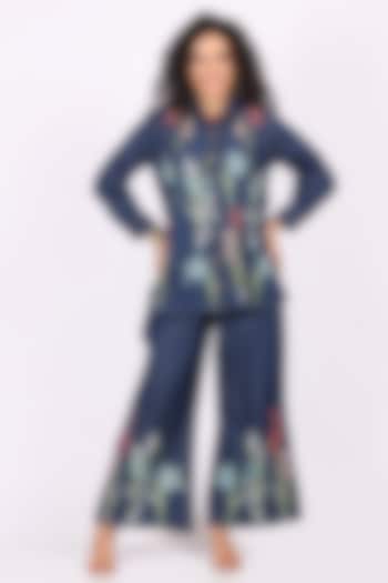 Indigo Blue Denim Floral Embroidered Co-Ord Set by Soniya G at Pernia's Pop Up Shop