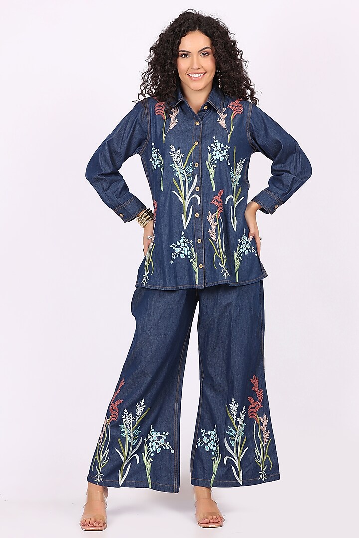 Indigo Blue Denim Floral Embroidered Co-Ord Set by Soniya G at Pernia's Pop Up Shop