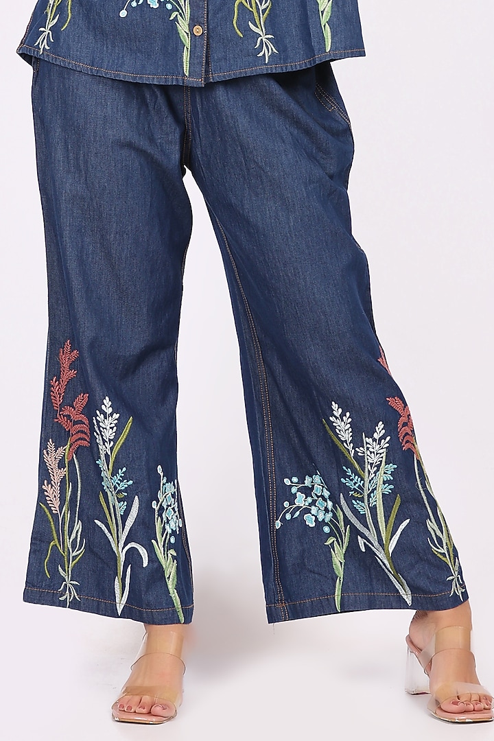 Indigo Blue Denim Floral Embroidered Co-Ord Set by Soniya G at Pernia's Pop Up Shop