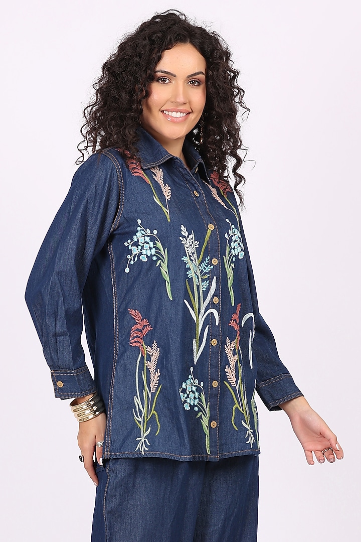 Indigo Blue Denim Floral Embroidered Co-Ord Set by Soniya G at Pernia's Pop Up Shop