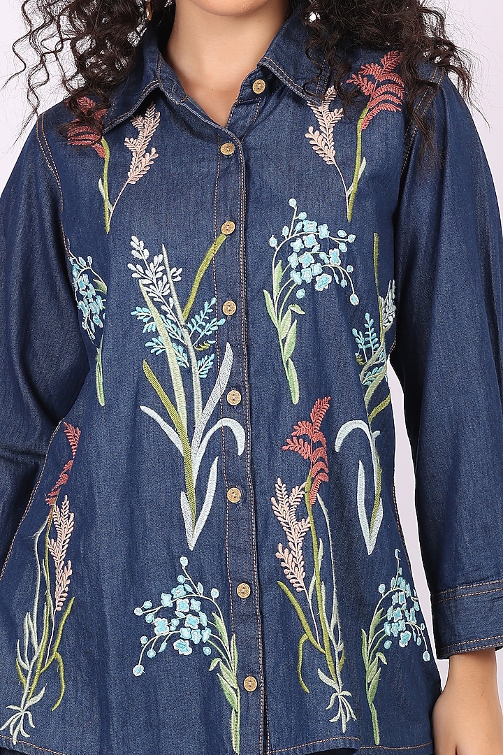 Indigo Blue Denim Floral Embroidered Co-Ord Set by Soniya G at Pernia's Pop Up Shop