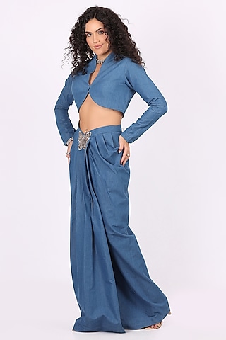 Sky Blue Denim Draped Skirt Set by Soniya G