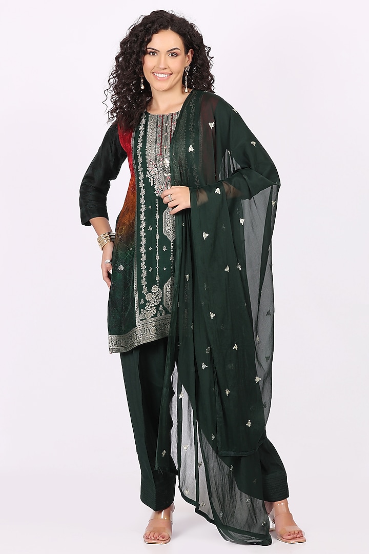 Bottle Green Cotton Crepe Embroidered Kurta Set by Soniya G at Pernia's Pop Up Shop