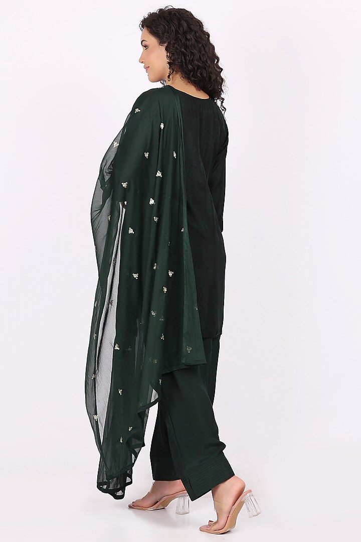 Bottle Green Cotton Crepe Embroidered Kurta Set by Soniya G at Pernia's Pop Up Shop