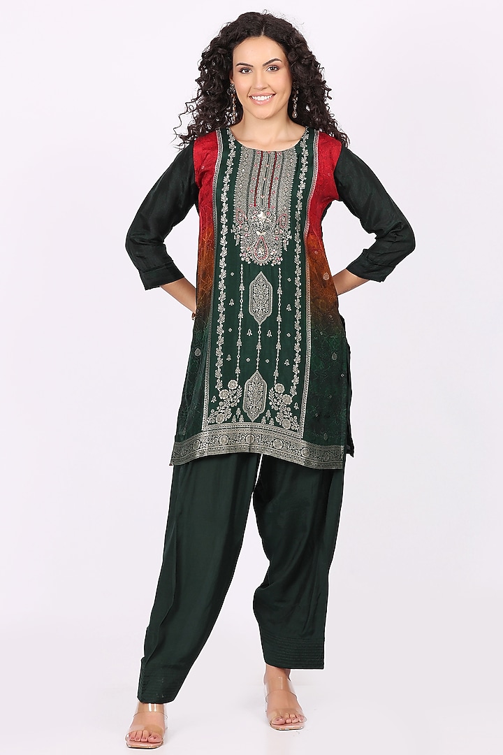 Bottle Green Cotton Crepe Embroidered Kurta Set by Soniya G at Pernia's Pop Up Shop