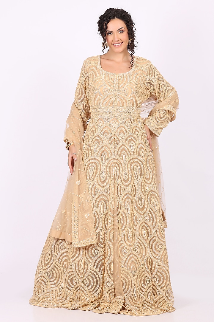 Golden Net Embroidered Wedding Anarkali Set by Soniya G at Pernia's Pop Up Shop