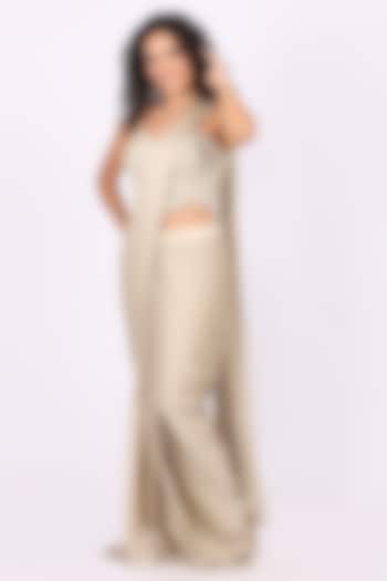 Fawn Beige Modal Satin Draped Party Wear Saree Set by Soniya G at Pernia's Pop Up Shop
